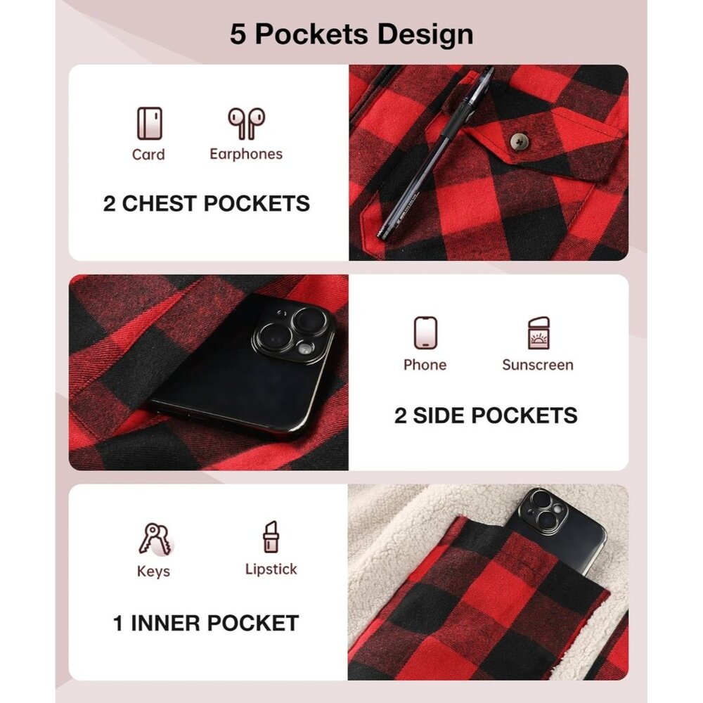 Mens Hooded Red Black Sherpa Line Plaid Flannel Jacket Warm Winter Fleece Coat. - Picture 5 of 6